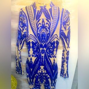 ROYAL Blue sexy sequins and nude mini dress.